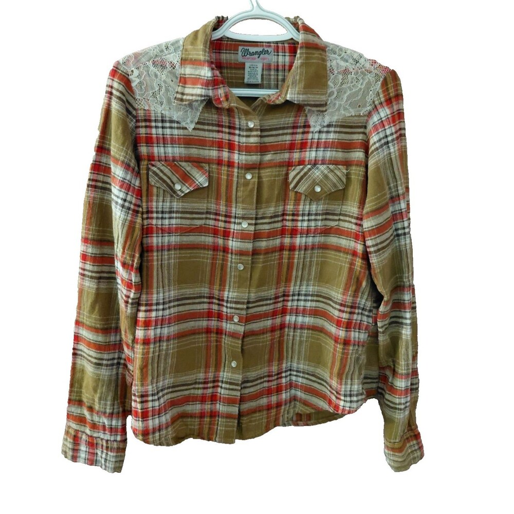 WRANGLER Womens Top SZ M Pearl Snap Button Lace Plaid Long Sleeve Rodeo